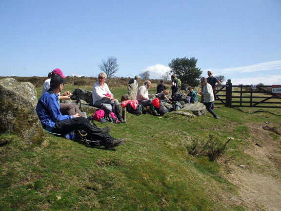 54.Dartmoor April 2013.
25/04/13. Lunch following the visit to the roadside grave of Kitty Jay a suicide victim, who is thought to have died in the late 18th century. Fresh flowers appear on the grave every day.
Keywords: Apr13 week Ian Spencer
