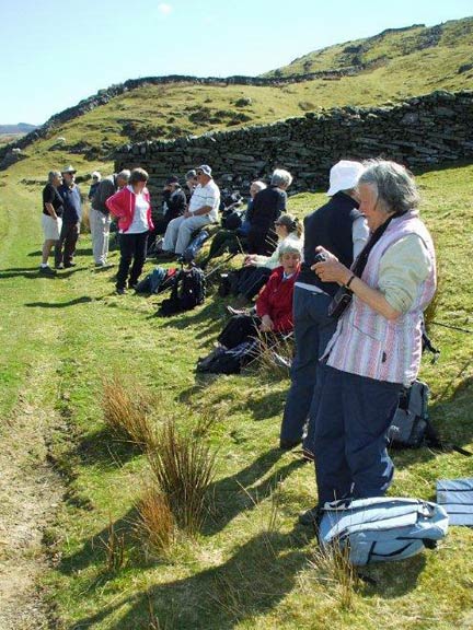 3.Around Moel Goedog
02/05/13. Waiting for the A & B groups to return from their trip up Moel Goedog. "We also serve ......" It looks like a ticker tape welcome is being prepared. Photo: Dafydd Williams.
Keywords: May13 Thursday Dafydd Williams