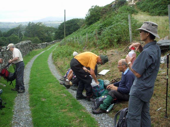 1.Borth-y-Gest
4/8/13. 45 minutes into the walk a quick coffee break before we are hit by the rain. Photo: Dafydd Williams.
Keywords: Aug13 Sunday Kath Mair