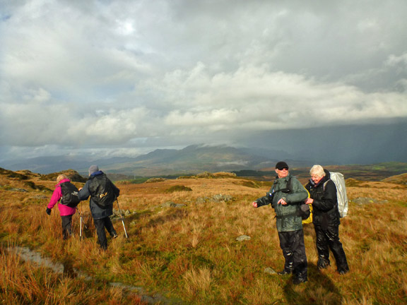 4. Harlech to Llandecwyn - Ardudwy Way
9/11/14. The weather improves soon after leaving the stone circle. Cnicht and the Moelwyns would normally be visible in the background. Tecwyn has his straps loosened. The others don't want to be involved. Maybe too many cooks.
Keywords: Nov14 Sunday Dafydd Williams