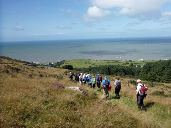 5.Clynnog Hills
17/8/14. Down from Gyrn Goch. The gentle route down towards the village of Gyrn Goch, with the Cwm-gwared palntation on our right.
Keywords: Aug14 Sunday Catrin Williams