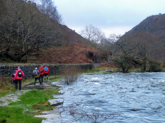 2. Around Moel Dyniewyd
20/12/15. The Afon Glaslyn in full flow lapping at the footpath. A bit further on the path was underwater. We had to take a detour.
Keywords: Dec15 Sunday Hugh Evans
