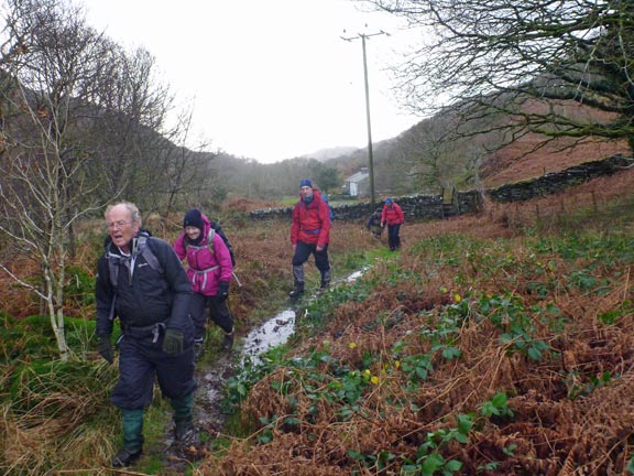 4. Around Moel Dyniewyd
20/12/15. Just beyond Buarthau (in the background) we are close to joining the single track road near Blaen Nanmor, and have lunch on the bridge there. No rain.
Keywords: Dec15 Sunday Hugh Evans