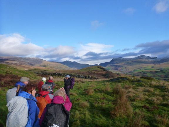 1.Cwm Pennant
22/11/15. 40 minutes after setting off from the church in Dolbenmaen. On the west side of Cwm Pennant with Craig-y-Garn to our left.
Keywords: Nov15 Sunday Kath Mair