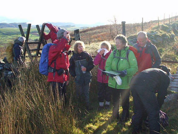 2.Cwm Pennant
22/11/15. A difficult fence crossing on the official path.  Photo: Dafydd H Williams.
Keywords: Nov15 Sunday Kath Mair