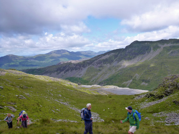 3.Moelwynion
19/7/15. Looking back the way across Cwm Croesor with the Cnicht on the right and Moel Ddu left of centre in the background.
Keywords: Jul15 Sunday Hugh Evans