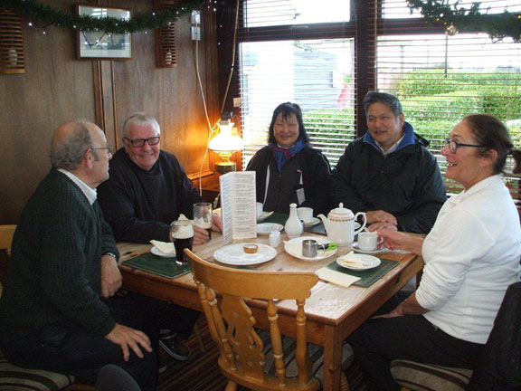 1.Nefyn
10/12/15. The walk had been very wet underfoot, so the only evidence of the walk is the bit when everybody sat down at the end  in the Bryn Cynan and enjoyed a pint/tea/coffee, with mince pies provided by the leader. Photo: Dafydd H Williams.
Keywords: Dec15 Thursday Miriam Heald