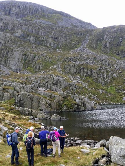 3.Rhinog Fawr
13/9/15.  Finally we get to Llyn Du. Our path to the summit follows the line of screes which can be seen in the background. Photo: Roy Milnes
Keywords: Sep15 Sunday Noel Davey