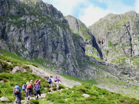 2.Glyders
3/7/16.  Making our way up the east side of Cwm Idwal. The Idawl slabs to our left. and Devil's Kitchen ahead.
Keywords: Jul16 Sunday Judith Thomas