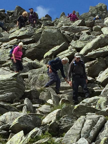 6.Glyders
3/7/16. Coming down Glyder Fach on our way to the Miners' Track. Photo: Heather Stanton.
Keywords: Jul16 Sunday Judith Thomas