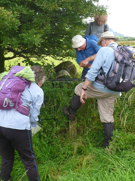 5.Llangybi Circular
31/7/16.  A rather difficult stile near Pwll-y-march.
Keywords: Jul16 Sunday Kath Mair