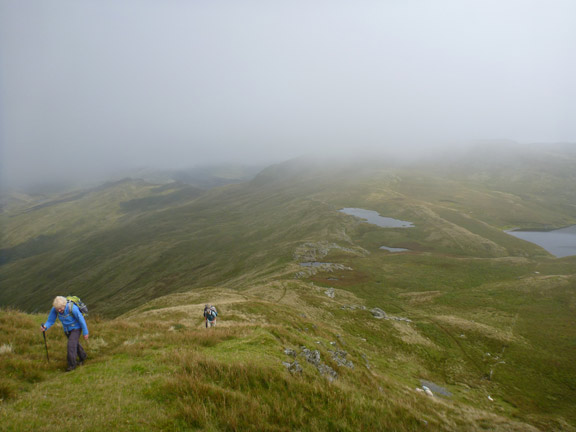4.Moel Druman.
28/8/16. Lunch was had over looking the left hand lake in the background. The mist is now clearing and we are ascending Moel Druman,
Keywords: Aug16 Sunday Hugh Evans