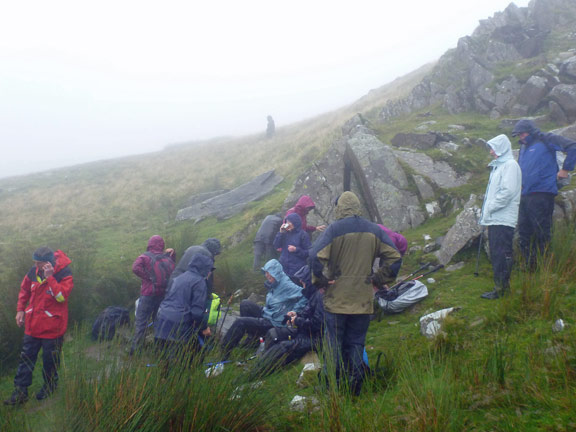 4. Dafydd's 80th Birthday Snowdon Challenge
11/8/16. A morning coffee break at Bwlch Cwm Brwynog, about 1.5 miles from the car park. We are well into the clouds.
Keywords: Aug16 Thurs Dafydd Williams
