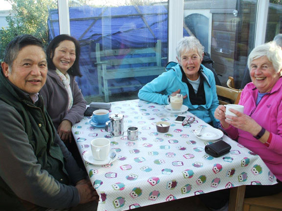 6.Uwchmynydd / Porth Meudwy
8/12/16. A cup of tea at the Ty Newydd Café which was especially opened up for the group.  Photo: Dafydd Williams.
Keywords: Dec16 Thursday Marian Hopkins