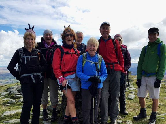 6.Clipping Harey Walk
9/10/16.  Finally at the top of Moel Ysgafarnogod. Some have sprouted hare's ears. I thought it was usually two. Photo: Heather Stanton.
Keywords: Oct16 Sunday Roy Milnes