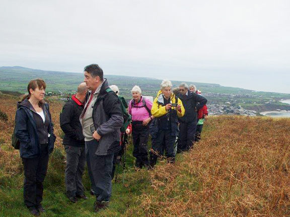 1.Nefyn-Y Gwylwyr-Pistyll
26/10/17. At sthe top of the steep 500 foot climb up from Nefyn.  The villages of Morfa Nefyn and Nefyn can be seen in the background. Photo: Dafydd Williams.
Keywords: Oct17 Thursday Jean Norton Miriam Heald