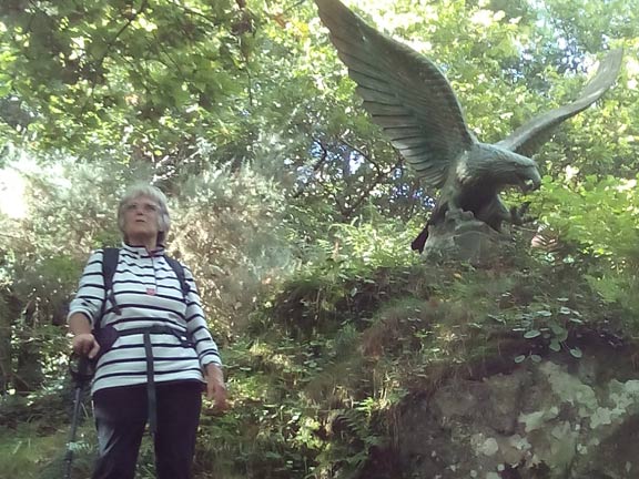 5.Rowen-Pen y Gaer
28/9/17. No Miriam is not in any danger. The eagle is one of the sculptures featured  in the wooded grounds of Cae Asaph; owner, Peter Barnes. Photo: Tecwyn Williams.
Keywords: Sep17 Thursday Jean Norton Miriam Heald