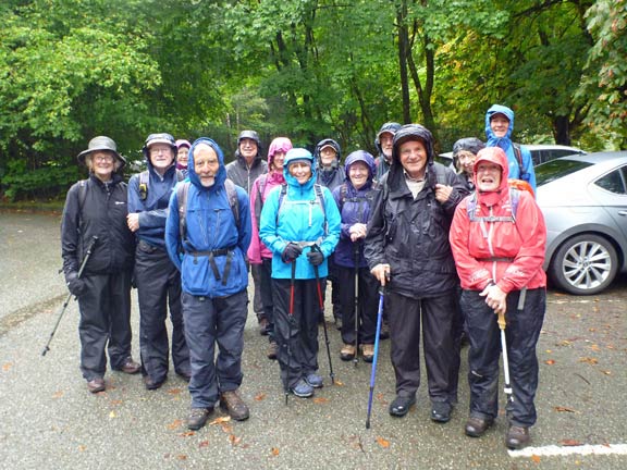 1.Cader Idris
9/9/18. The 'A' & 'B' walkers assembled and ready for off at the Minffordd car park. It is raining.
Keywords: Sep18 Sunday Noel Davey
