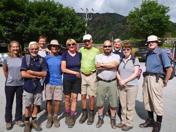 1.Glyders Linear / Nant y Benglog.
15/7/18. The A & B walk groups in the car park above Joe Browns in Capel Curig, the starting point of both walks. 
Keywords: Jul18 Sunday Roy Milnes Dafydd Williams