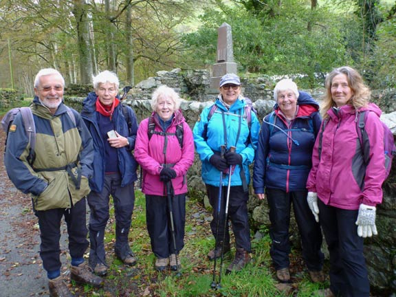 1.Dyffryn Dysynni 'A' walk
6/10/19. Our walkers are grouped by the ruins of Tyn-y-ddôl Llanfihangel-y-Pennant – the family home of Mary jones at the time of Mary’s walk to Bala. The monument was erected in 1907.
Keywords: Oct19 Sunday Hugh Evans