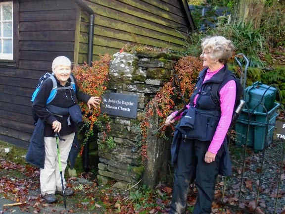 2.Capel Curig - Ty-hyll circular. 'B' walk.
3/11/19. The plaque refers to a deconsectrated chapel beautifully converted into holiday accommodation. Not the wooden shed, but a stone building behind and to the right of the two posers. Photo: Dafydd Williams.
Keywords: Nov19 Sunday Dafydd Williams