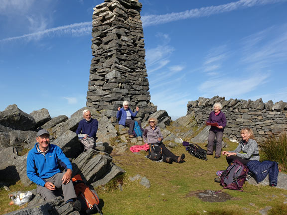 6.Nantlle Ridge - Cwm Silyn - Tal-y-Mignedd
27/8/20. Finally lunch at the foot of the Jubilee Monument Obelisk at the top of Mynydd Tal-y-Mignedd. The weather could not have been better.
Keywords: Sep20 Sunday Noel Davey