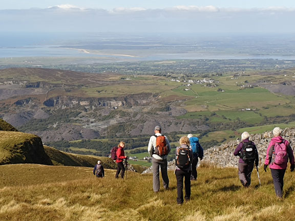 7.Nantlle Ridge - Cwm Silyn - Tal-y-Mignedd
27/8/20. Making our way down the NNW ridge of Mynydd Tal-y-Mignedd, overlooking the quarries at Talsarn and the west entrance to the Menai Strait.
Keywords: Sep20 Sunday Noel Davey