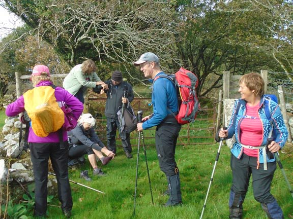 6.Criccieth to Pont Dolbenmaen
4/10/20.  A brief stop after passing over a stile near Ystum-cedig-ganol. Time for a chat and empty the water from the boots.  Photo: Dafydd Williams.
Keywords: Oct20 Sunday Dafydd Williams