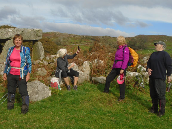 7.Criccieth to Pont Dolbenmaen
4/10/20. A tea break at the burial chamber near Ystumcedig-isaf. Photo: Dafydd Williams.
Keywords: Oct20 Sunday Dafydd Williams