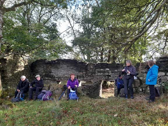 1.Glasfryn Circular
21/10/21. Coffee break next to a dilapidated cottage. The rest of the group are investigating. Photo: Judith Thomas.
Keywords: Oct21 Thursday Kath Mair