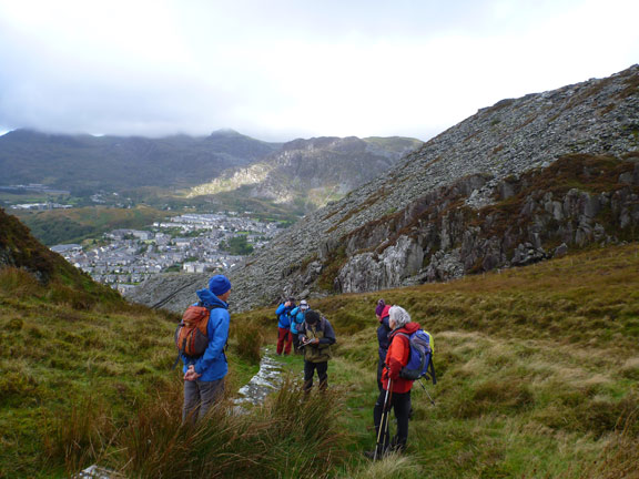 2.Foel Fras - Moel Penamnen
3/10/21. about half an hour from the start. Blaenau Ffestiniog 
 laid out below us.
Keywords: Oct21 Sunday Hugh Evans