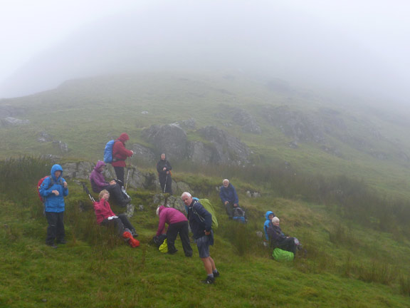 5.Moelwynion
15/8/21. We meet again for lunch at Bwlch Stwlan. The 'B's got there first. 'A's will be climbing Moelwyn Bach next. The 'B's taking the damp path back to the Croesor to Tan-y-Bwlch road. 
Keywords: Aug21 Sunday Noel Davey Hugh Evans