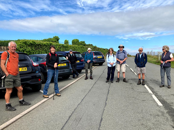 1.Mynydd Cilan
8/7/21. Members ready for their 6 mile hike from the roadside parking next to Ysgol Sarn Bach. Photo: Annie Andrew.
Keywords: Jul21 Thursday Annie Michael Jean Norton