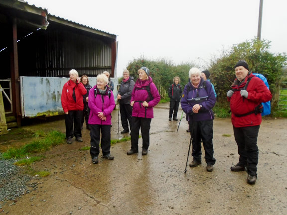 3.Abersoch - Mynytho area
7/10/21.  A brief stop at a farm near Castell March towards the end of the very damp walk. Photo: Dafydd Williams.
Keywords: Oct21 Thursday Meri Evans