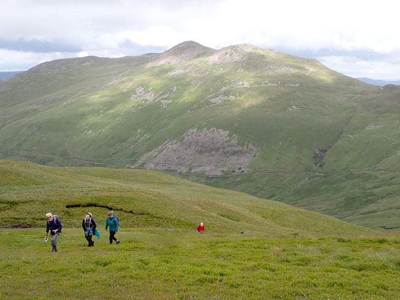 5.Arenig Fawr - Moel Llyfnant
03/07/22.  The A walkers in sight and approaching the summit of Moel Llyfnant. They first climbed Arenig Fawr, the mountain in the background.
Keywords: Jul22 Sunday Gareth Hughes Dafydd Williams