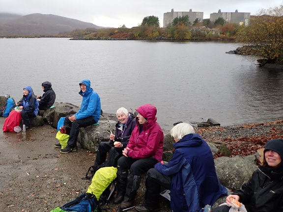 5. Llan Ffestiniog - Ceunant Llennyrch - Toman y Mur 
20/11/22. Late lunch outside a closed Caffi Prysor on the shores of Llyn Trawsfynydd in the rain.
Keywords: Nov22 Sunday Hugh Evans