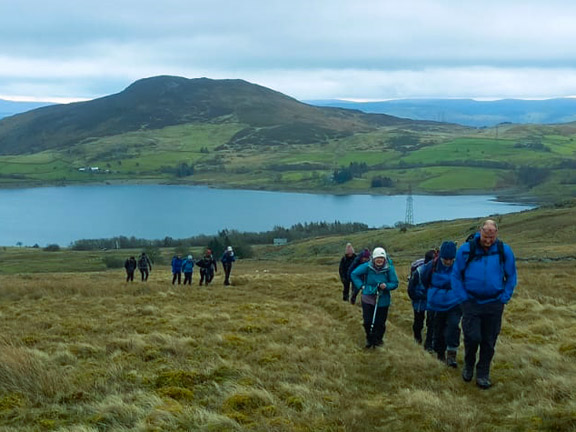 2.Arenig Fach
19/02/23. Climbing up Bryn Du from the car park, with Llyn Celyn in the background with Mynydd Nodol behind it. Photo: Eryl Thomas.
Keywords: Feb03 Sunday Gareth Hughes