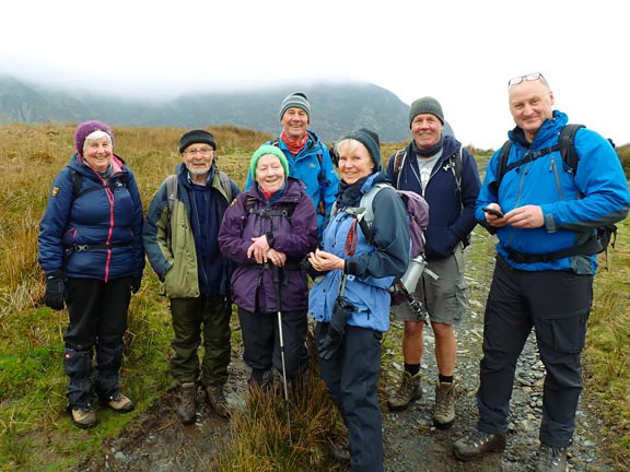 1.Capel Curig - Cwm Tal-y-braich
26/3/23. Group photograph taken on the old A% road close to Nant y Benglog, with Gallt yr Ogof in the background.
Keywords: Mar23 Sunday Gareth Hughes