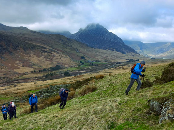 3.Capel Curig - Cwm Tal-y-braich
26/3/23. Climbing up to the leat where a path down from 'Y Braich' meets it. Photo: Eryl Thomas. Tryfan can be seen in the centre background.
Keywords: Mar23 Sunday Gareth Hughes