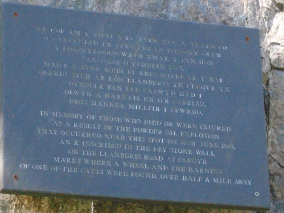 2.Cwm-y-Glo
8/6/23. A memorial plaque marking the area where in 1869 six people died when the two tonnes of nitroglycerine that were being carried in two horse carts exploded.  The 'X' in the last photo shows where a cart wheel and harness were found following the explosion which was half a mile away. Photo: Dafydd Williams.
Keywords: Jun23 Thursday Elsbeth Gwynne