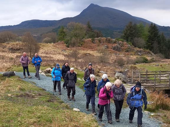 3.Capel Curig -  Llyn Crafnant - Llyn Geirionydd
23/4/23. walking westwards and about to turn north up Nant y Geuallt. Moel Siabod in the background. Photo: Eryl Thomas. 
Keywords: Apr23 Sunday Eryl Thomas