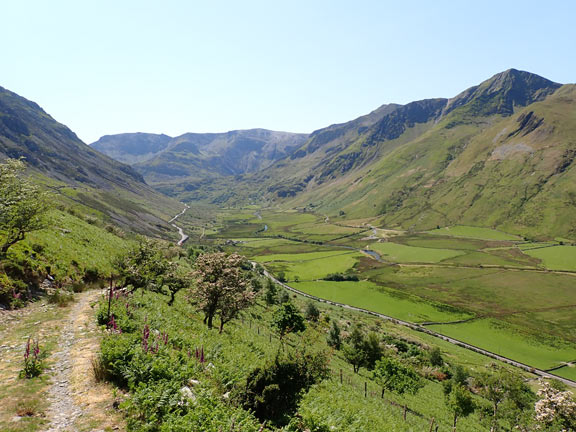 5.Nant Ffrancon
04/06/23.  Looking south down the valley towards Idwal Cottage, Foel Goch and  Y Garn on the righ,t and the Glyders in the centre background.
Keywords: Jun23 Sunday Annie Andrew Jean Norton