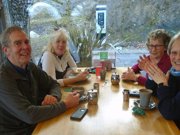 6. Llanbedrog - Pwllheli
Feb24. A very civilized light refreshment and social break at Glyn y Weddw. Light for some, but someone (not pictured) had a large piece of almond slice with a big blob of ice cream (not pictured).  Photo: Dafydd Williams.
Keywords: Feb24 Thursday Chris Evans