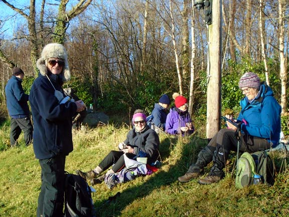 6.Llanystumdwy Circular
18/1/24. Lunchtime at the exit to the path through the Bronefion Estate A bit chilly but if you wrap up it is alright. Photo: Dafydd Williams.
Keywords: Jan24 Thursday Dafydd Williams
