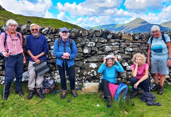 4.Gelli Iago - Cwm Llyn Edno - Llyn Gwynant
16/6/24. Lunch before making the descent to Llyn Gwynant. Yr Aran can be seen in the background. Photo: Eryl Thomas.
Keywords: Jun24 Sunday Noel Davey Hugh Evans