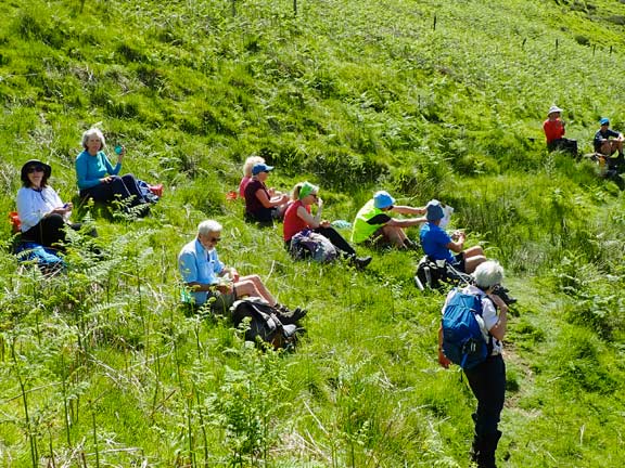 3.Maesglase, Maen Du & Craig Rhiw-erch
2/6/24. A welcome break for our morning panad. Still on the east side of Nant Maesglase but above Maes-glase-bâch.
Keywords: Jun24 Sunday Adrian Thomas