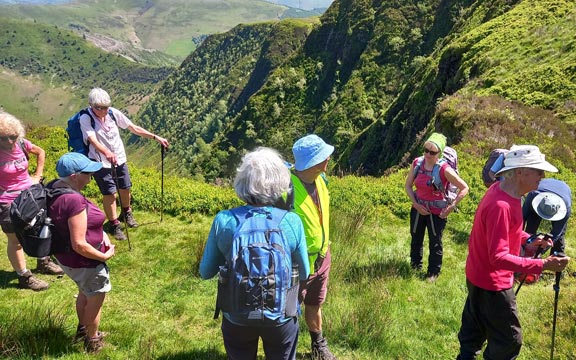 5.Maesglase, Maen Du & Craig Rhiw-erch
2/6/24. Restarting after lunch from our lunch spot 1000ft above the valley bottom. A couple of yards beyond the group is an almost shear drop to the valley bottom. Thank goodness there was no mist. Photo: Eryl Thomas.
Keywords: Jun24 Sunday Adrian Thomas