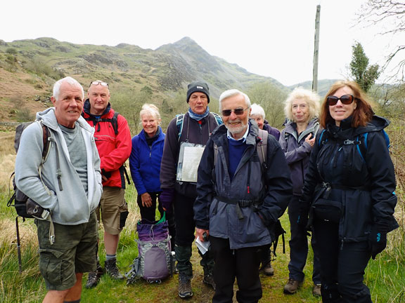 1.Moelwyn Bach, Lakes and foothills.
21/4/24. The group poses just outside Croesor with Cnicht in the background.
Keywords: Apr24 Sunday Adrian Thomas