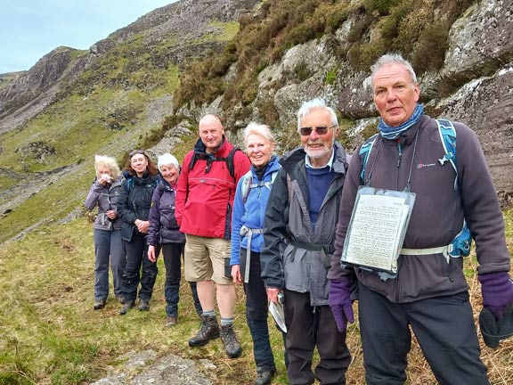 3. Moelwyn Bach, Lakes and foothills.
21/4/24. A pause for group photo of the brave souls who plumped for the steep sided path. Photo: Eryl Thomas.
Keywords: Apr24 Sunday Adrian Thomas