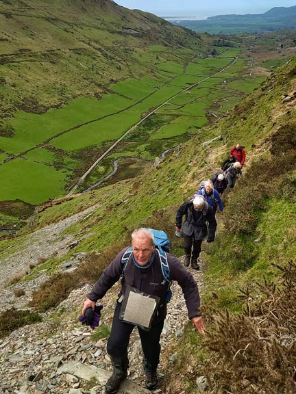 2. Moelwyn Bach, Lakes and foothills.
21/4/24. Walking NW along the left hand side of Cwm Croesor from Croesor. In the photo Cnicht is above us on the right. The valley below . Photo: Eryl Thomas.
Keywords: Apr24 Sunday Adrian Thomas